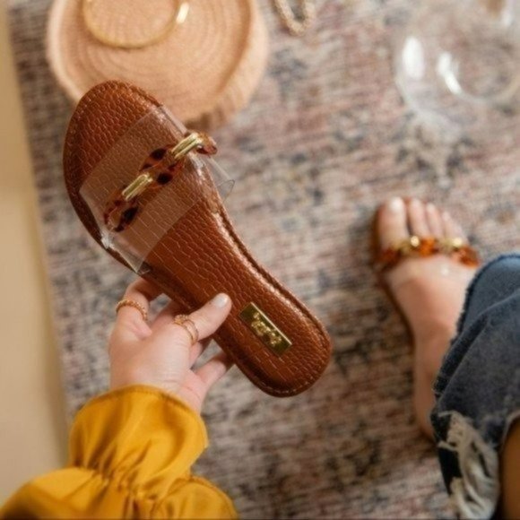 Shoes - Clear leopard chain flat slip on sandals